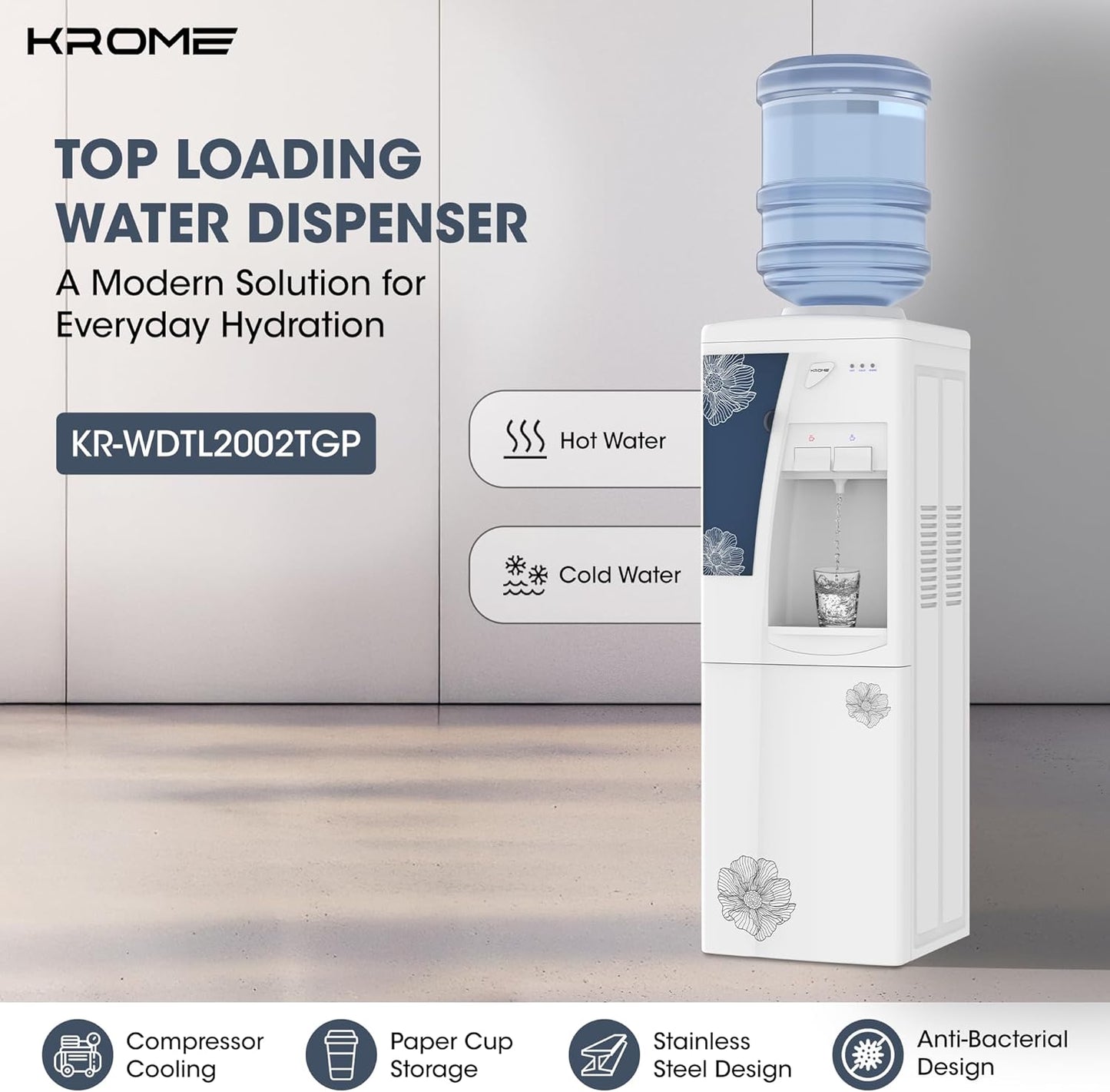 Krome Glass Holder Hot and Cold Water Dispenser, KR-WDTL2002TGP