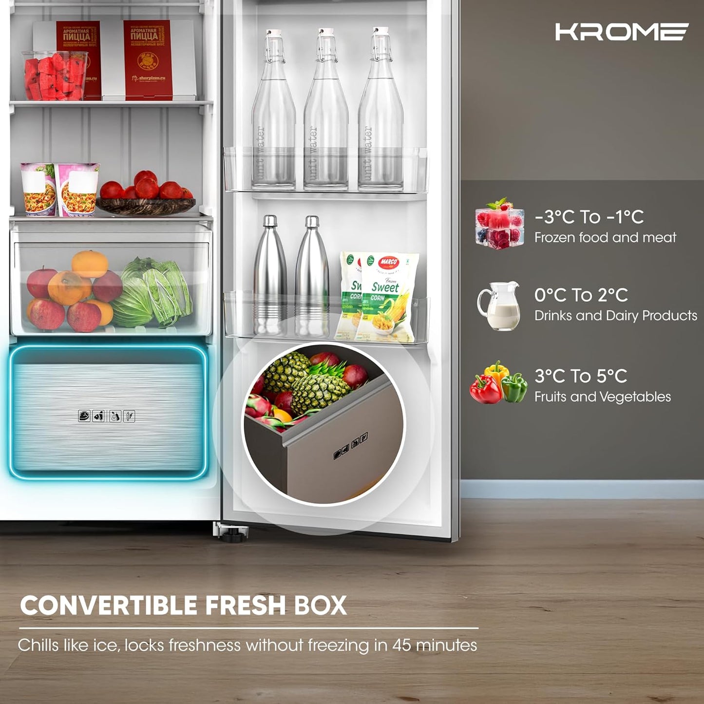 Krome 820L Side by Side Refrigerator, KR-SBS 820WIH