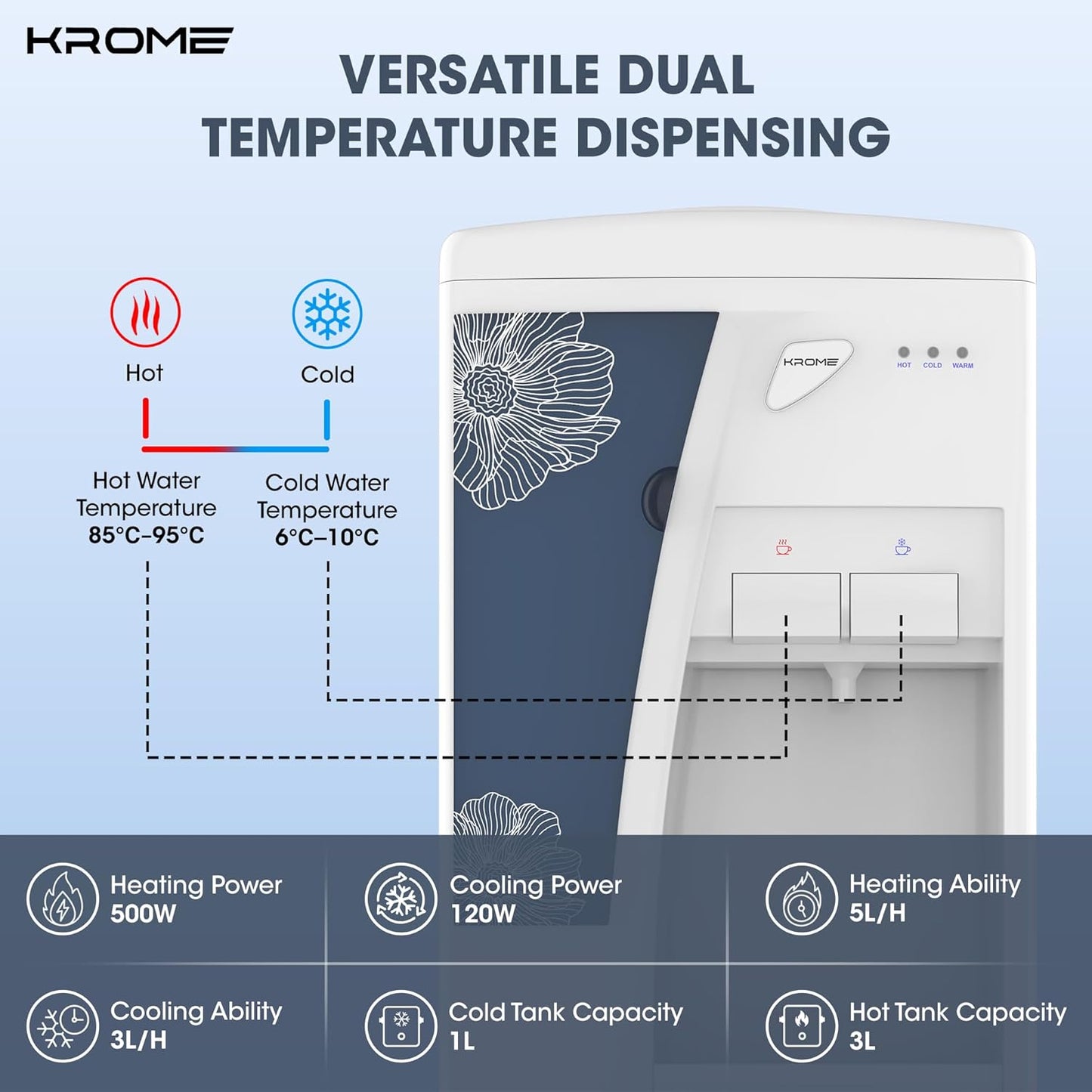 Krome Glass Holder Hot and Cold Water Dispenser, KR-WDTL2002TGP