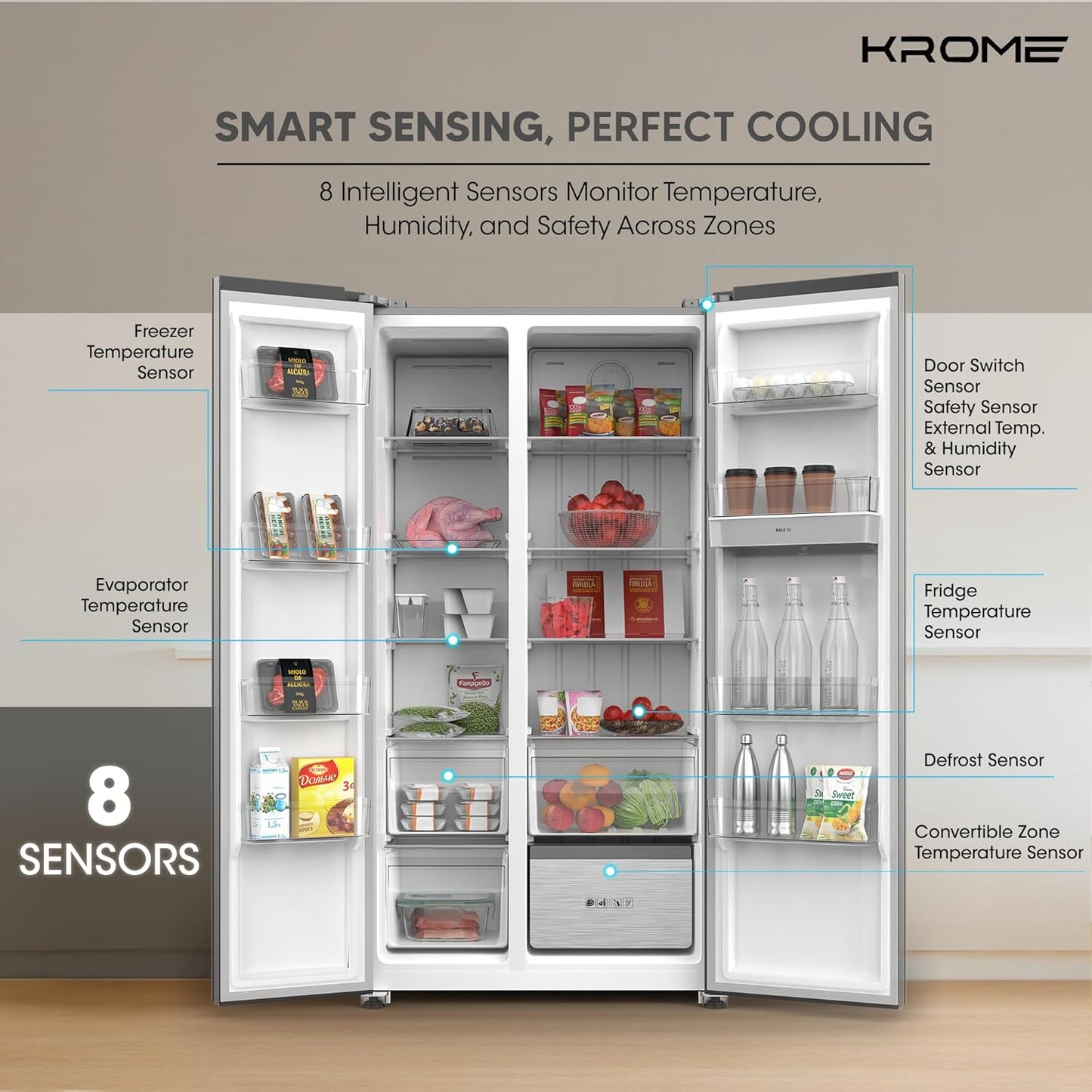 Krome 820L Side by Side Refrigerator, KR-SBS 820WIH