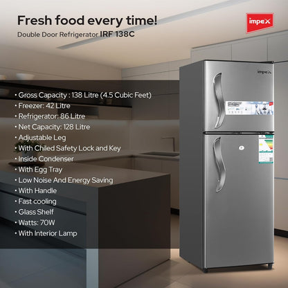 Impex 138L Double Door Refrigerator, IRF 138C